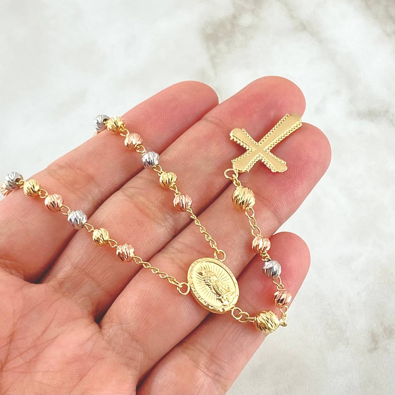 Rosario Virgen De Guadalupe Cruz Bordeada 11.2gr / 50cm / 4mm-5mm Bola Diamantada Tres Oros 18K