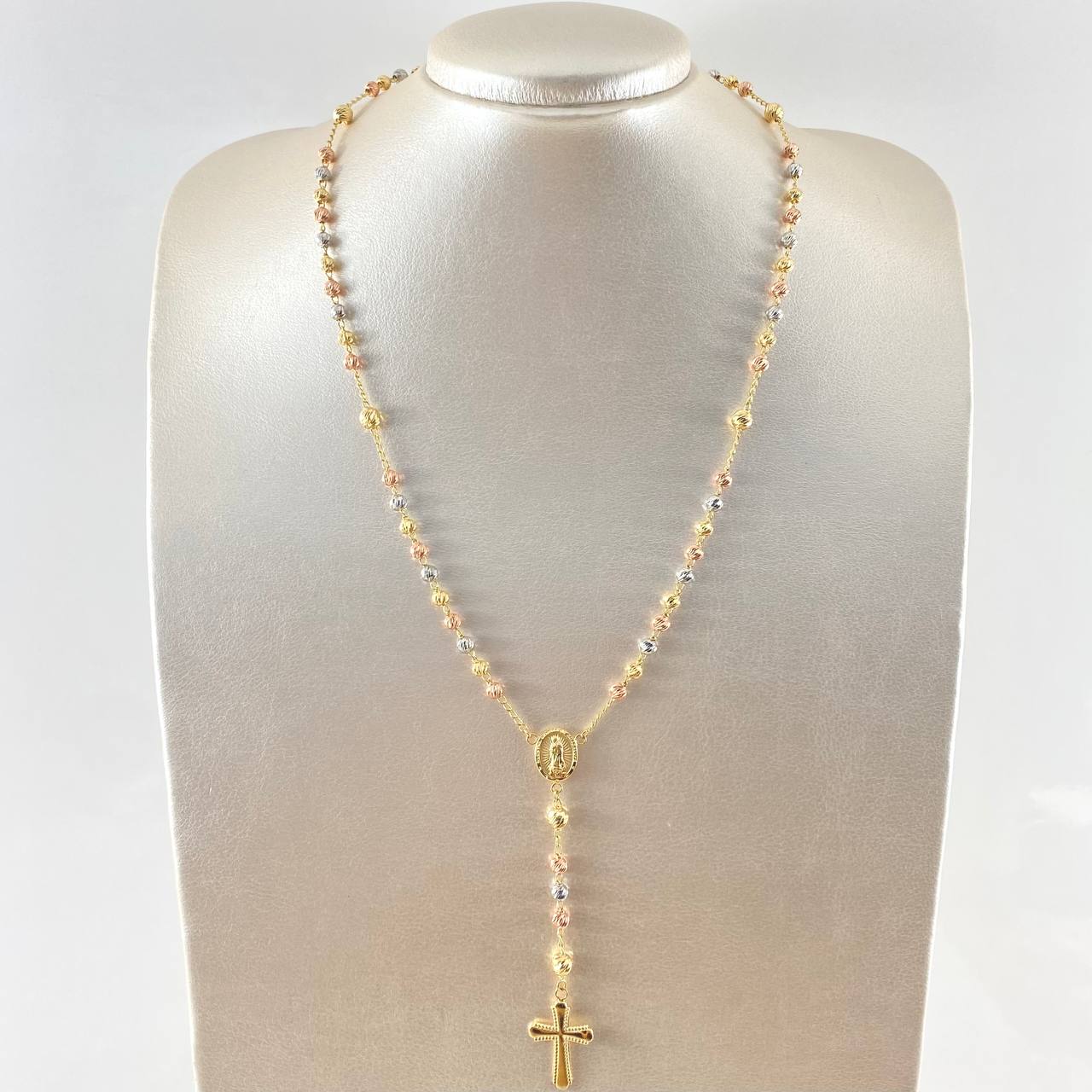 Rosario Virgen De Guadalupe Cruz Bordeada 11.2gr / 50cm / 4mm-5mm Bola Diamantada Tres Oros 18K
