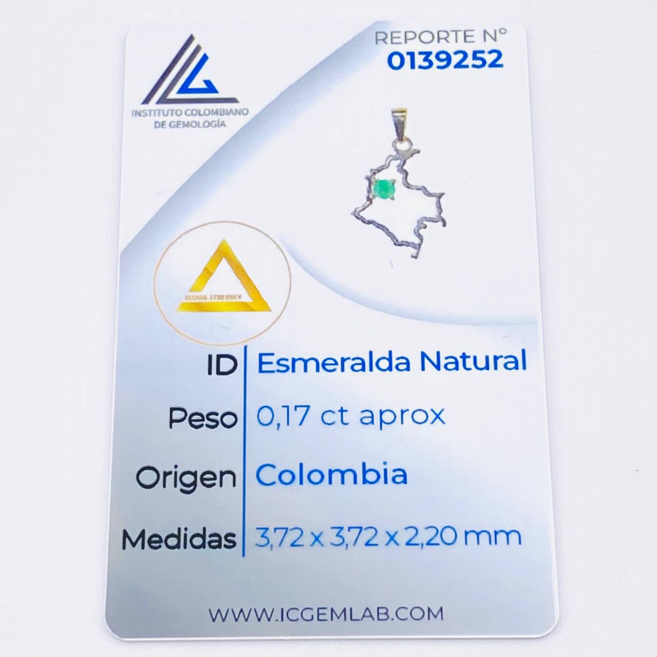 Dije Mapa Colombia Esmeralda 17pts 1.7gr / 1 1/4 in / Oro Amarillo 18K ©