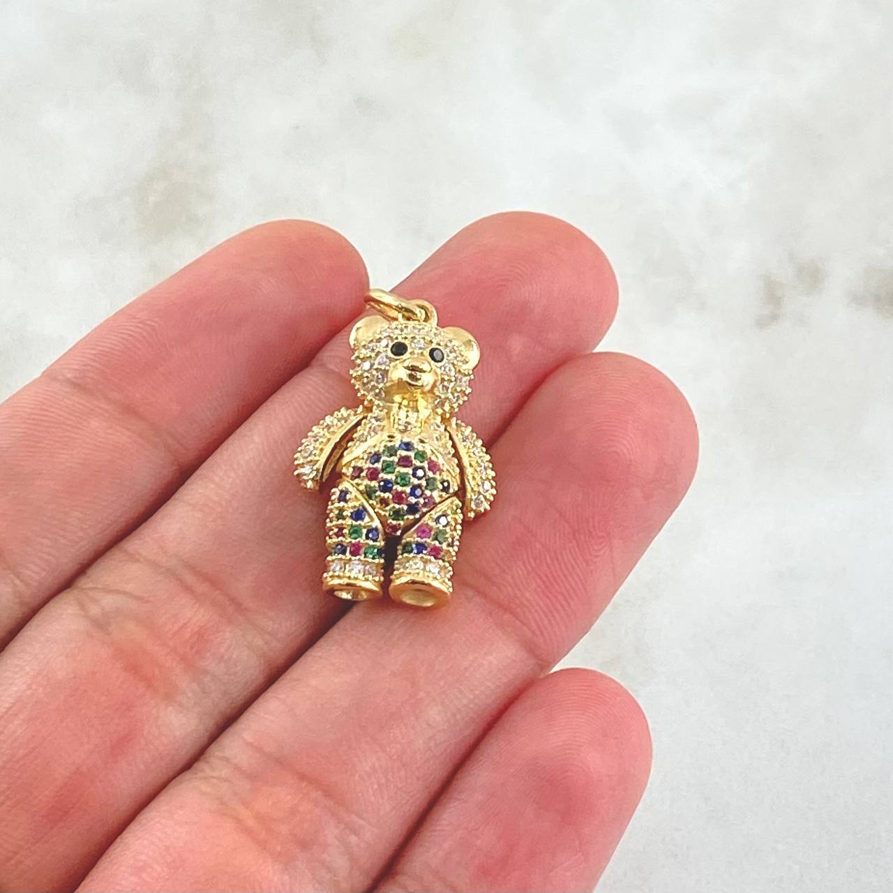 Pendant Articulated Bear Overalls 5.5gr / 2.9cm / Multicolor Zircons 18K Yellow Gold