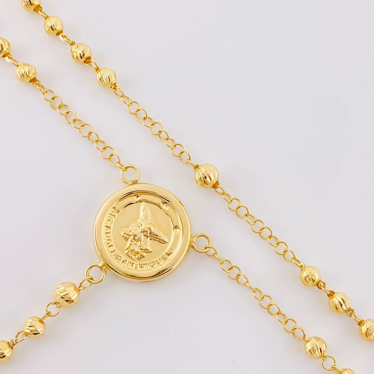 Rosary Saint Michael Archangel Diamond Cut 12.3g / 24 in / 4mm Two-Tone Yellow Rose 18K Gold