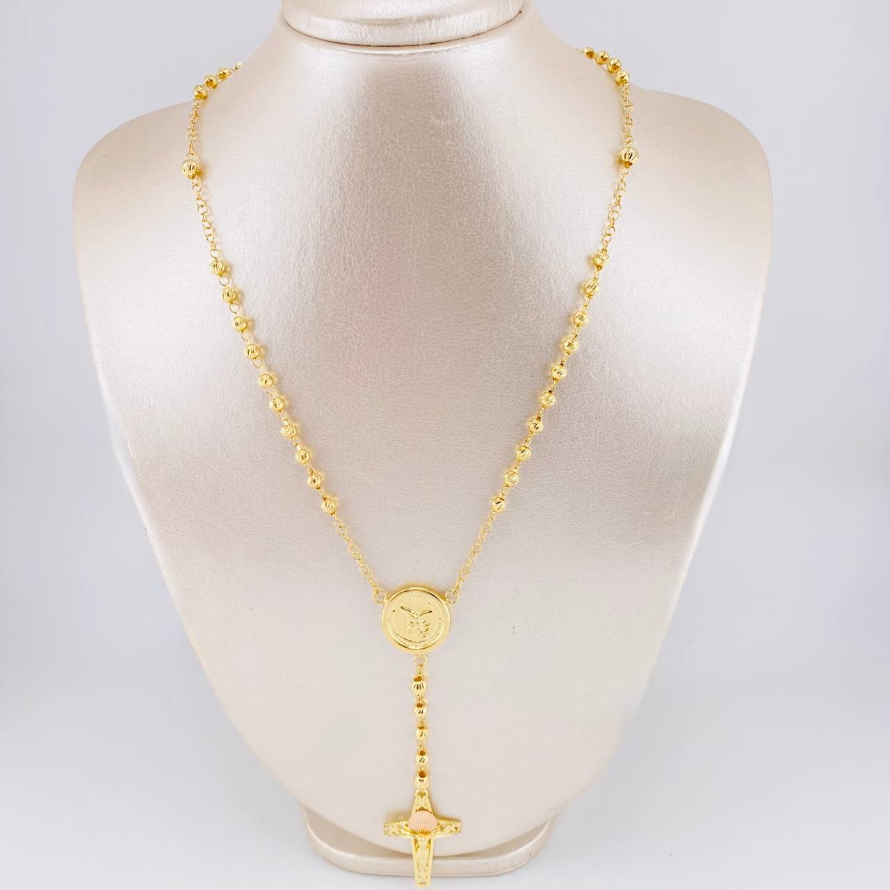 Rosary Saint Michael Archangel Diamond Cut 12.3g / 24 in / 4mm Two-Tone Yellow Rose 18K Gold