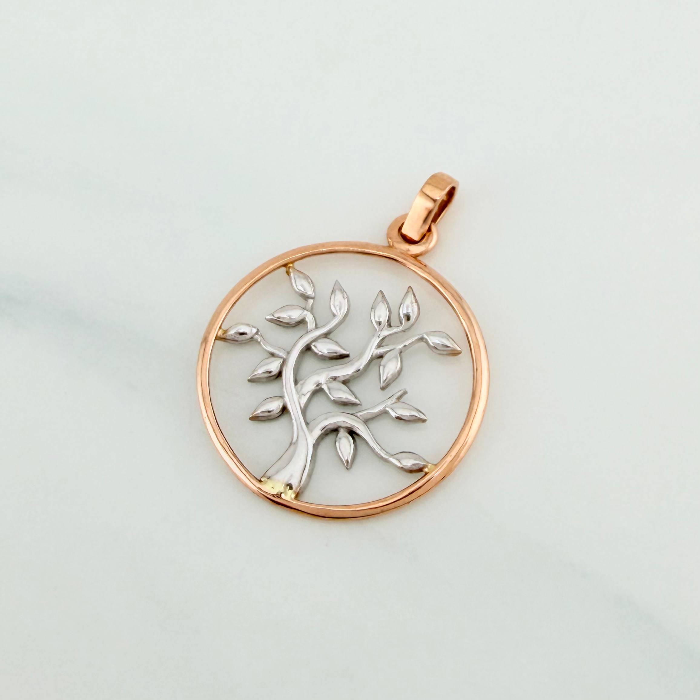 Pendant Tree of Life 2.25 g / 1 1/4 in Two Golds White Rose 18K