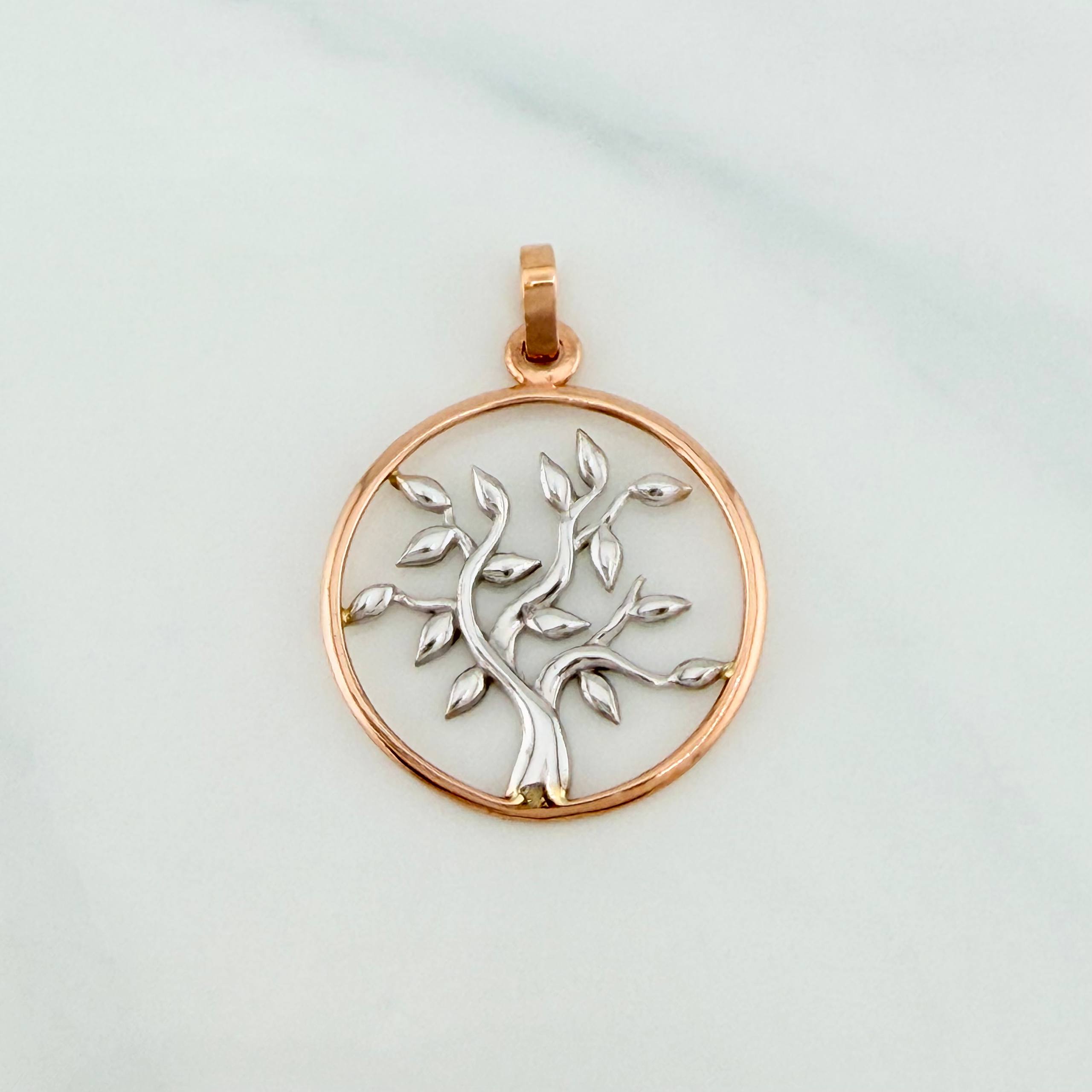 Pendant Tree of Life 2.25 g / 1 1/4 in Two Golds White Rose 18K