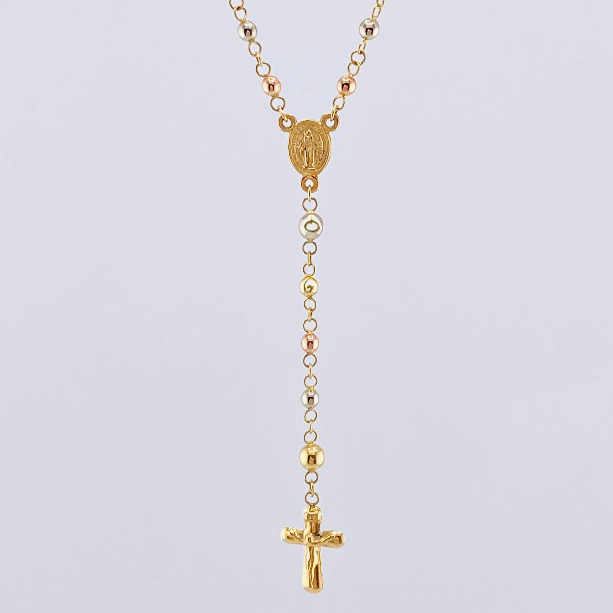 Rosario Virgen Milagrosa Cruz Cristo 5.9gr / 19 3/4 in / 3mm-4mm Oro Amarillo +4 Tres Oros 18K