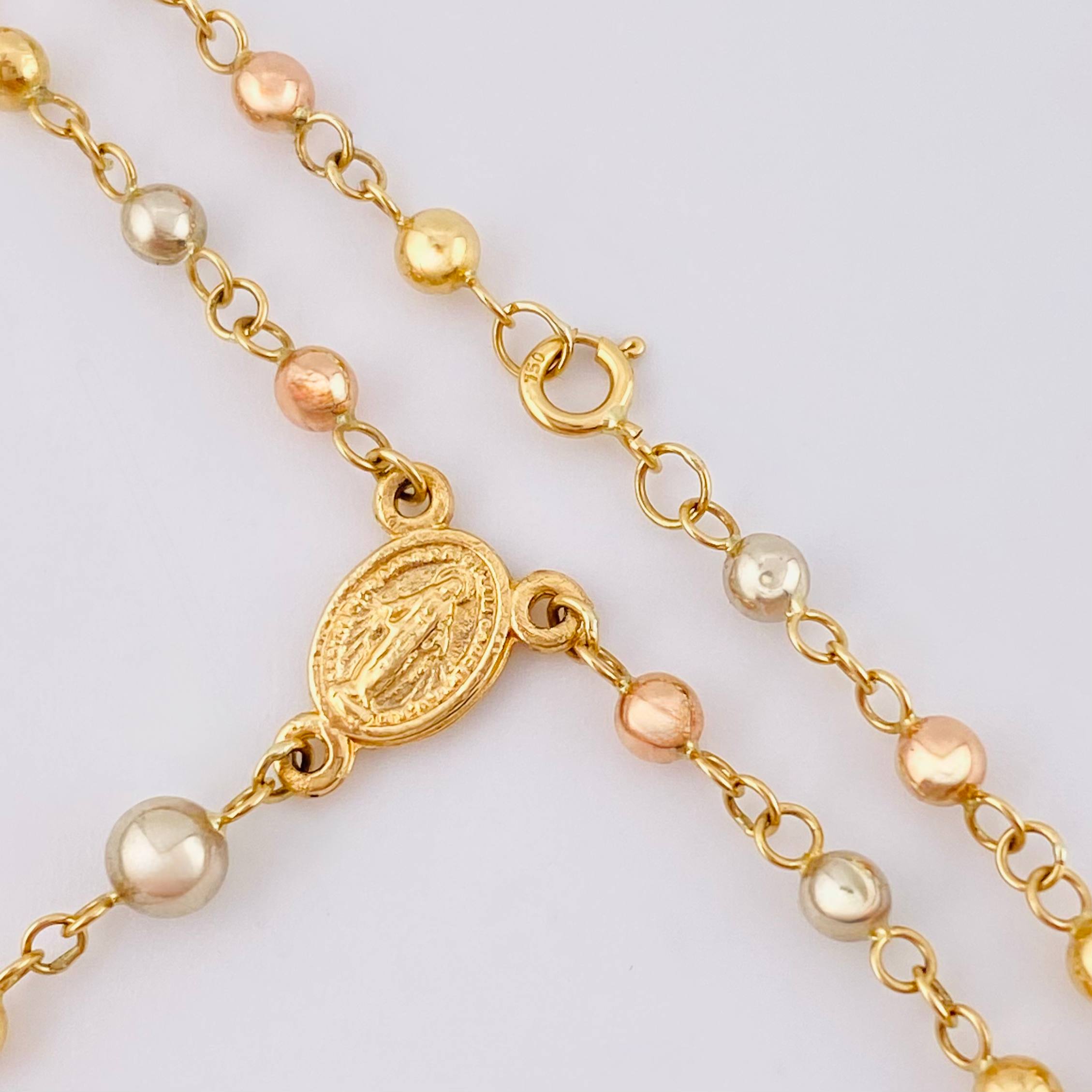 Rosario Virgen Milagrosa Cruz Cristo 5.9gr / 19 3/4 in / 3mm-4mm Oro Amarillo +4 Tres Oros 18K