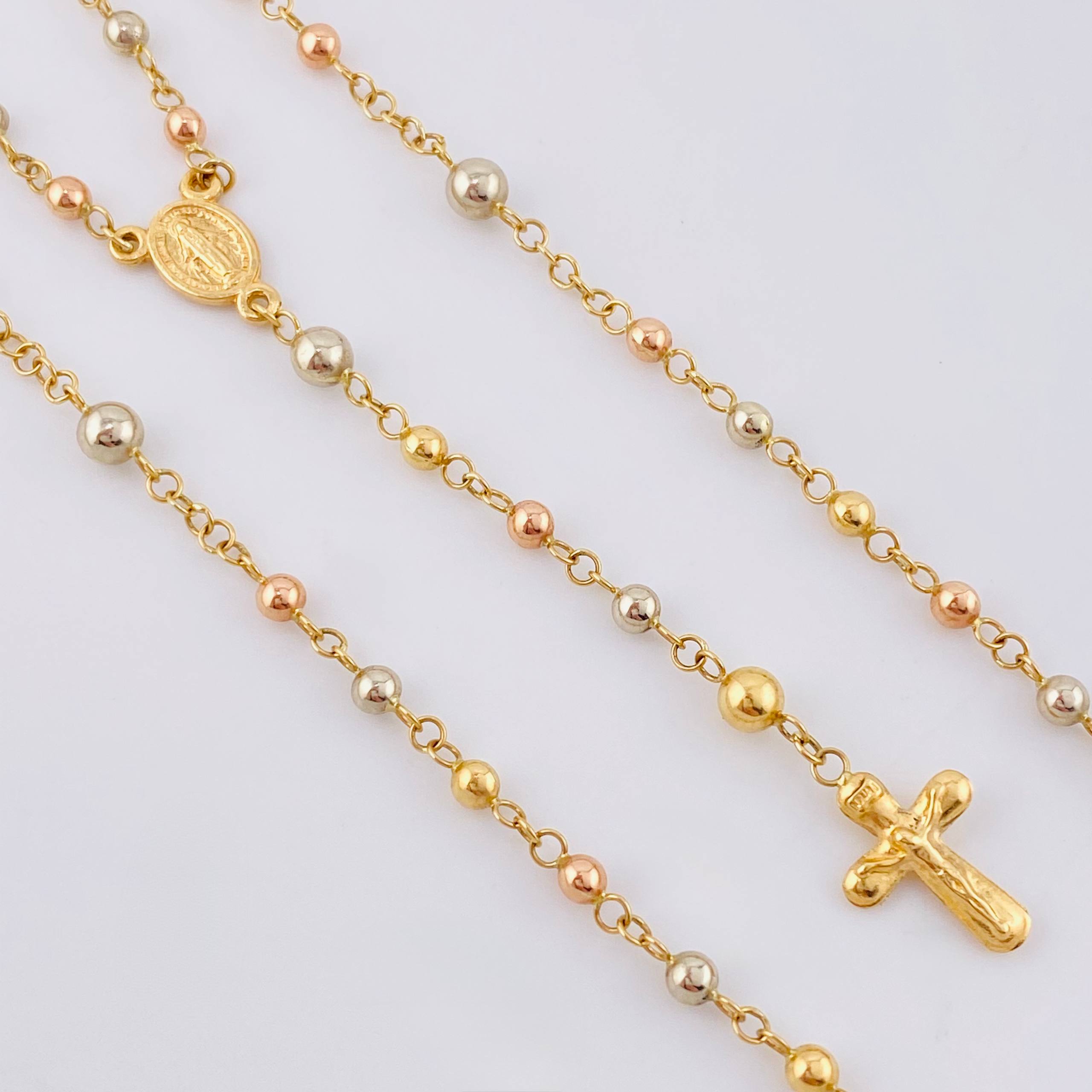 Rosario Virgen Milagrosa Cruz Cristo 5.9gr / 19 3/4 in / 3mm-4mm Oro Amarillo +4 Tres Oros 18K