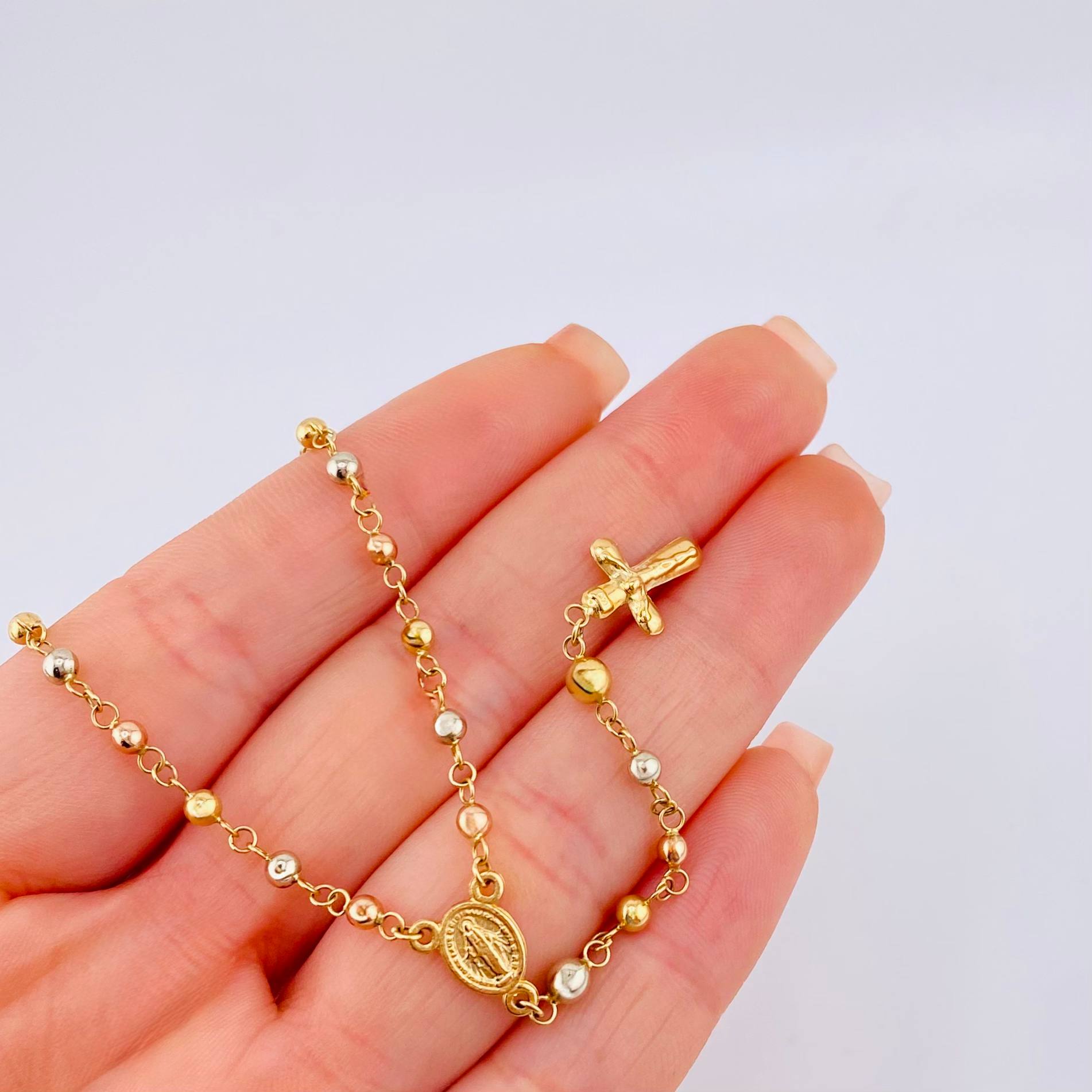 Rosario Virgen Milagrosa Cruz Cristo 5.9gr / 19 3/4 in / 3mm-4mm Oro Amarillo +4 Tres Oros 18K