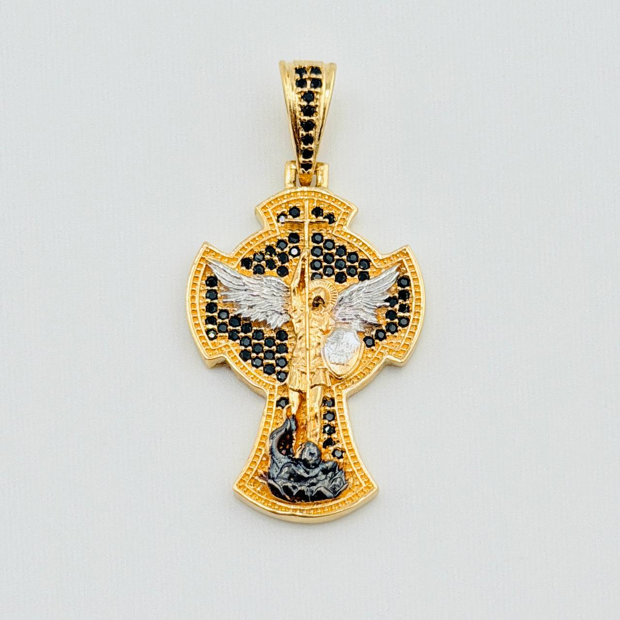 Dije Cruz San Miguel Tupida 7.1gr / 1 3/4 in / Dos Oros Amarillo Blanco 18K ©