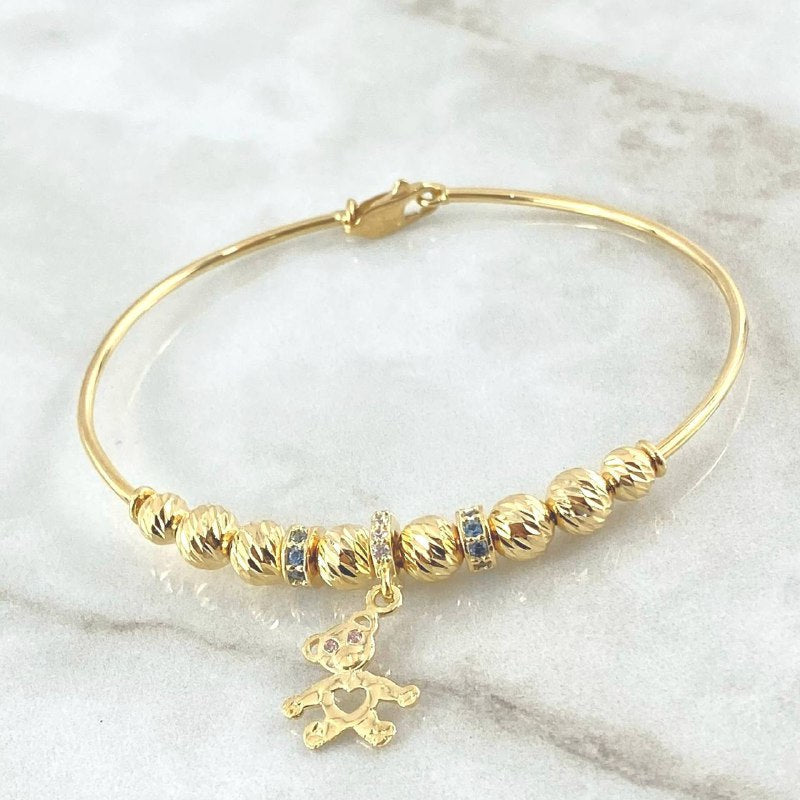 Bracelet PD Bear 8.4gr / 18.5cm / 5mm - 6 mm Beads Diamond Cut - White Zircons - Light Blue 18K Yellow Gold