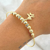 Bracelet PD Bear 8.4gr / 18.5cm / 5mm - 6 mm Beads Diamond Cut - White Zircons - Light Blue 18K Yellow Gold