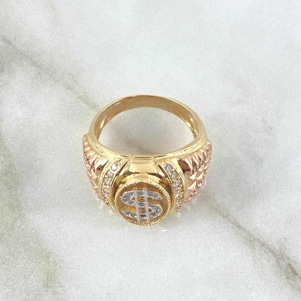 Signet Ring Dollar Sign 10gr / T10 / White Zircons Three 18K Golds ©