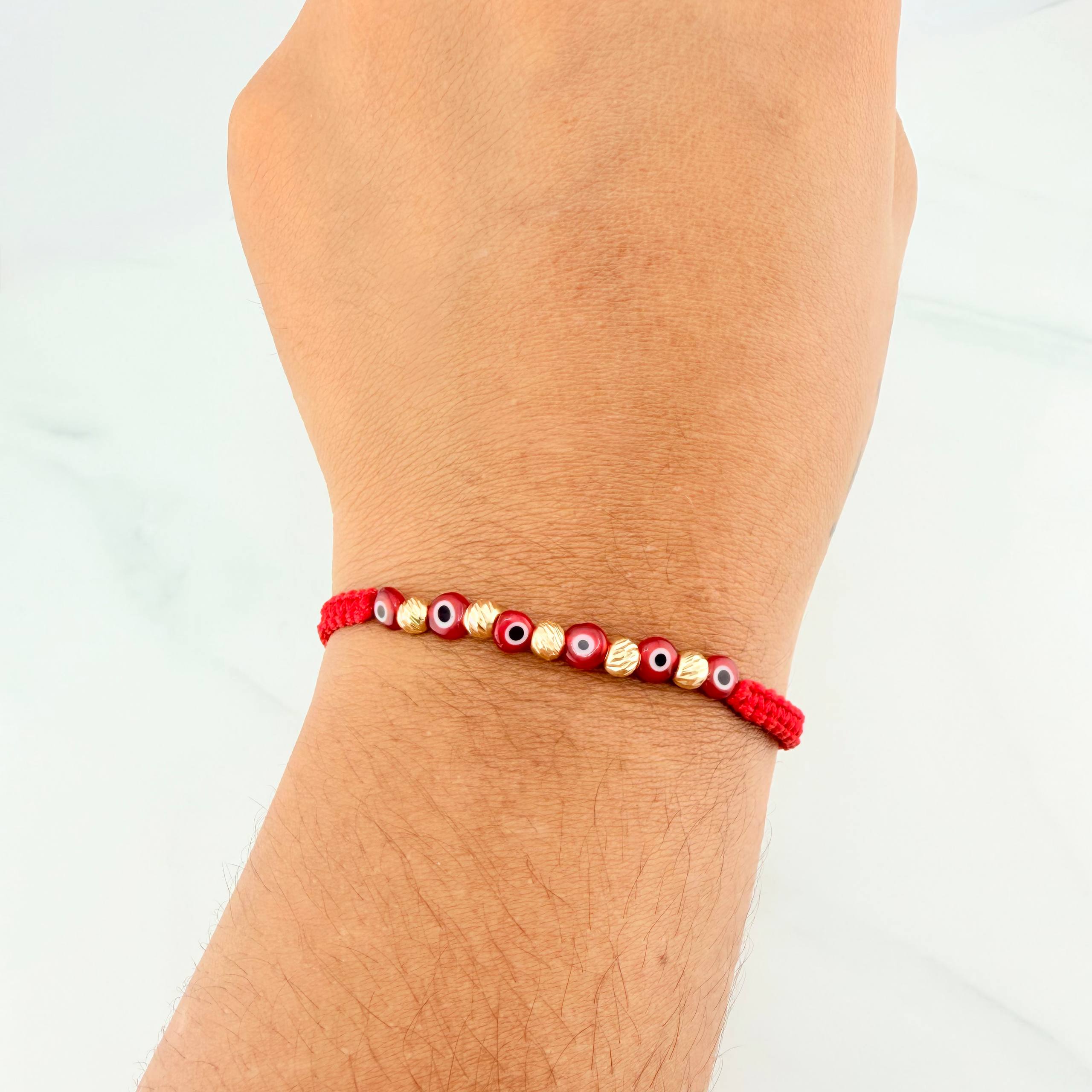 Pulsera Tejida Roja Ojos Turcos Oro Amarillo 18K