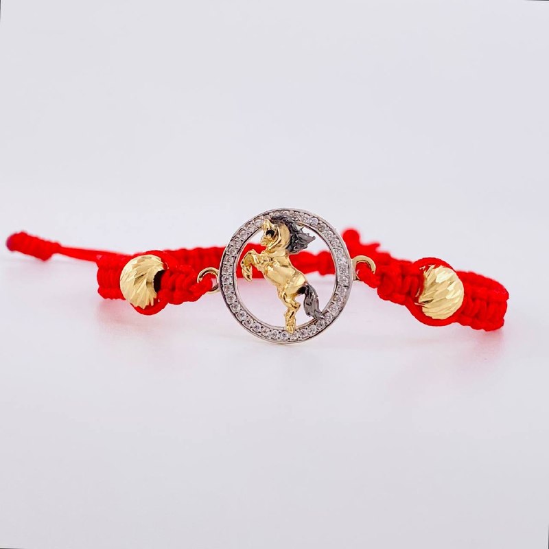 Pulsera Tejida Roja Circulo Caballo Bolas Diamantadas Dos Oros Amarillo Blanco 18K