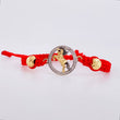 Pulsera Tejida Roja Circulo Caballo Bolas Diamantadas Dos Oros Amarillo Blanco 18K
