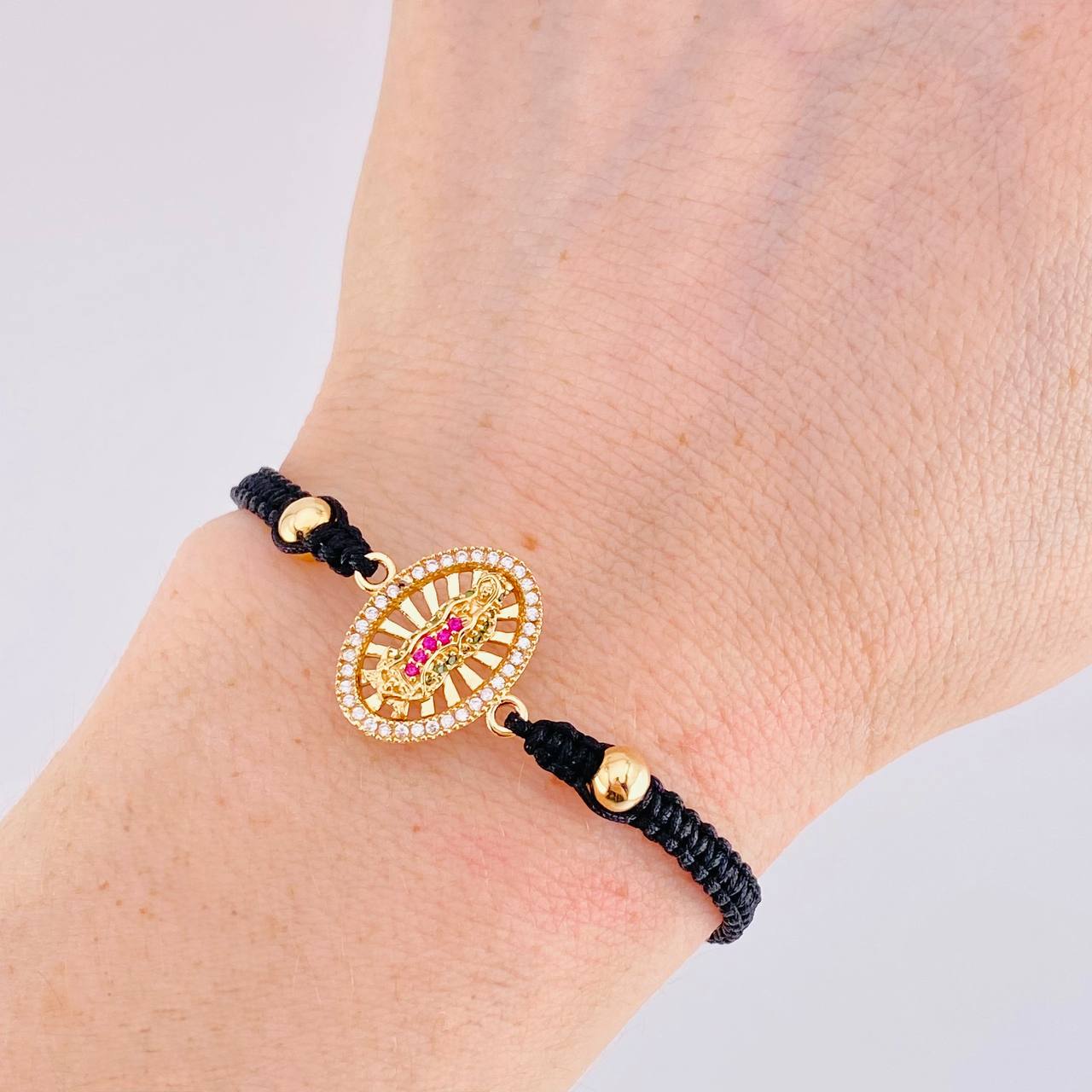 Black Woven Bracelet Virgin of Guadalupe Plain Beads Multi-color Zircons Yellow Gold 18K