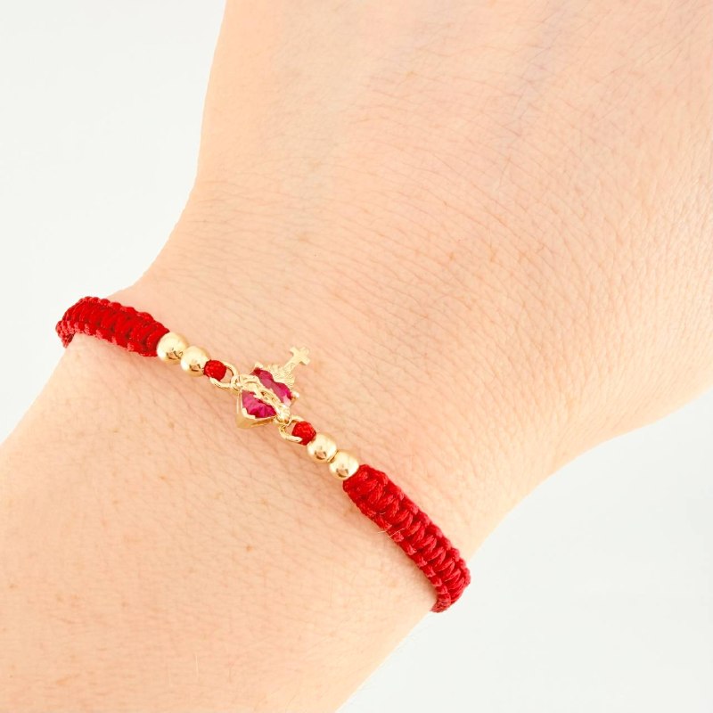 Red Woven Bracelet Sacred Heart Charm Plain Beads Yellow Gold 18K