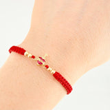 Red Woven Bracelet Sacred Heart Charm Plain Beads Yellow Gold 18K
