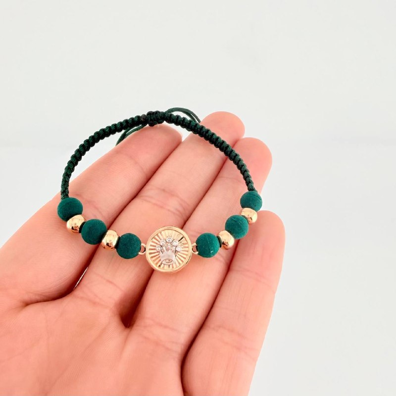 Green Woven Bracelet Yellow White Gold 18K Plain Beads Crown Circle