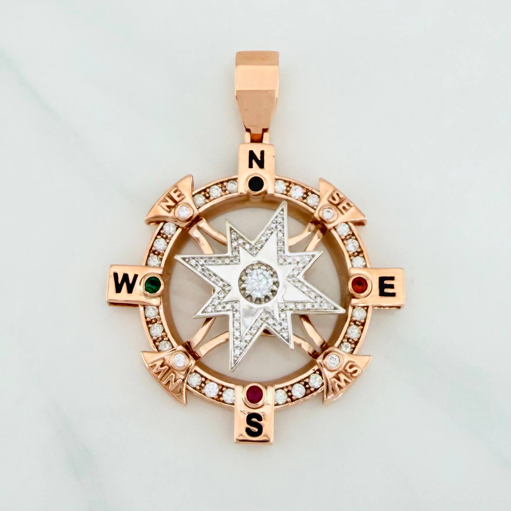 Pendant Compass Cardinal Star 32 g / 2 1/4 in Two Golds White Rose 18K