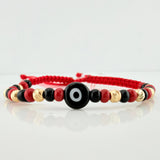 Red Woven Bracelet with Turkish Eye in 18K Yellow Gold