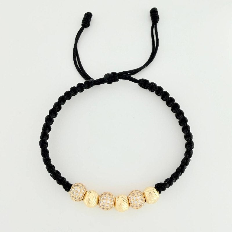 Black Woven Bracelet Fire Beads Diamond Cut Beads Yellow Gold 18K
