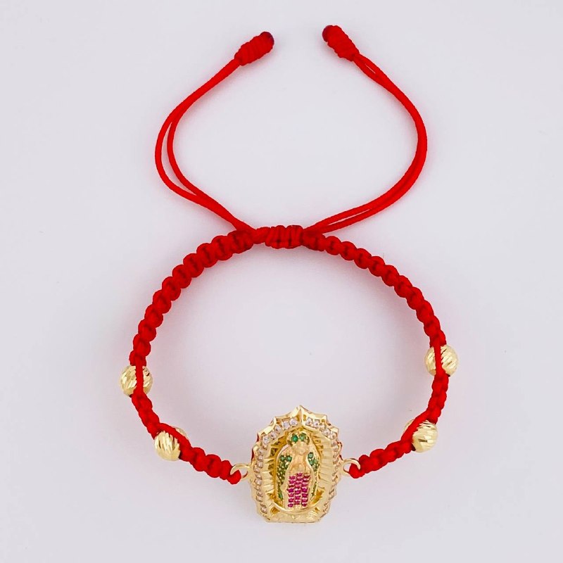 Pulsera Tejida Roja Virgen de Guadalupe Bolas Diamantadas Oro Amarillo 18K