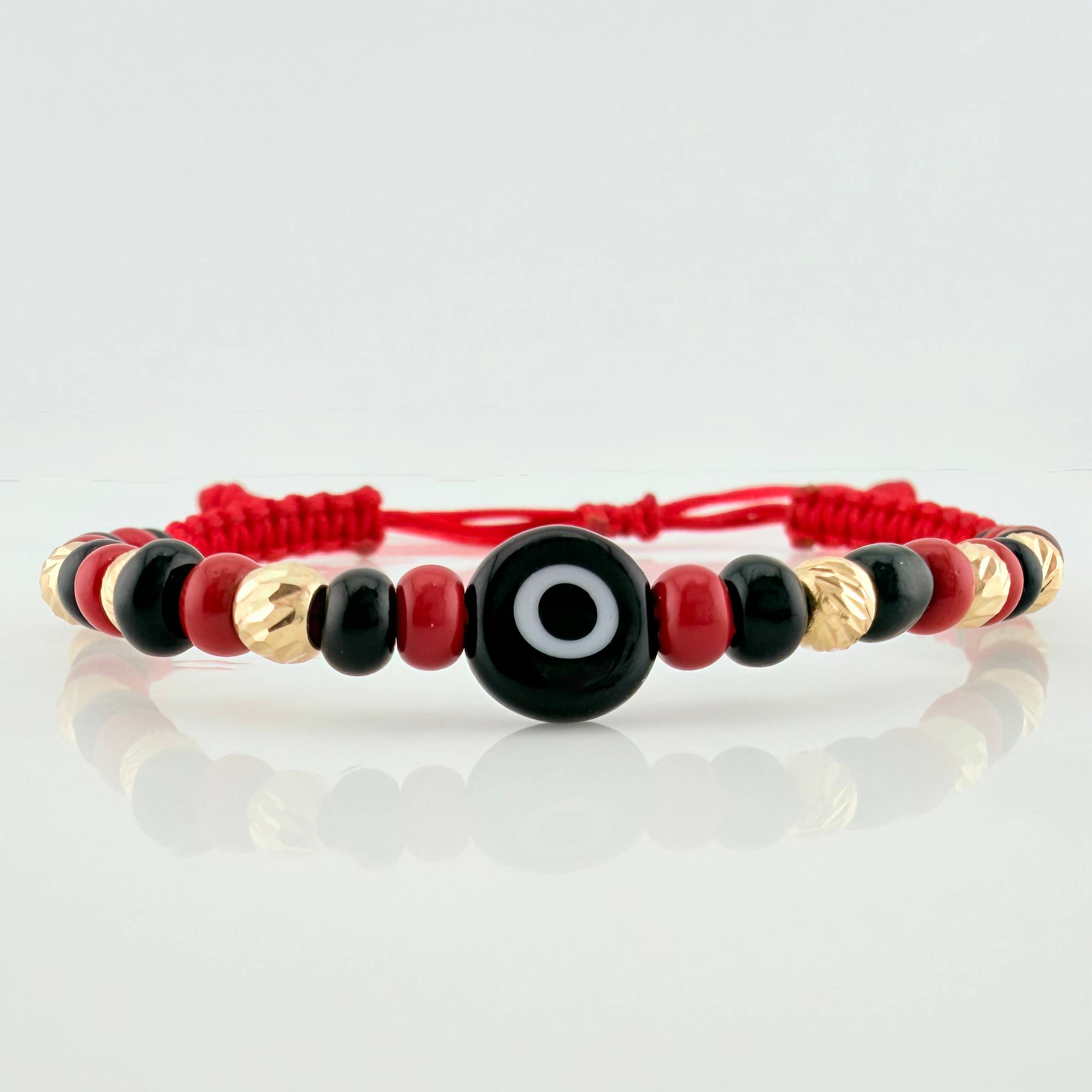 Red Woven Bracelet with Turkish Eye in 18K Yellow Gold