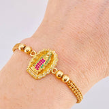 Brown Woven Bracelet Virgin of Guadalupe Plain Beads Multi-color Zircons Yellow Gold 18K