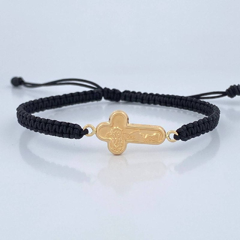 Pulsera Tejida Negra Cruz Cristo 0.85gr / Oro 18K &
