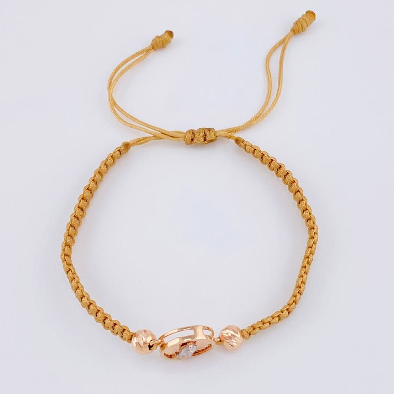 Woven Brown Bracelet Circle of the Virgin of Guadalupe Diamond Cut Beads Two Golds White Rose 18K