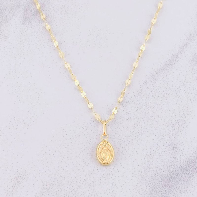 Mirror Flower Chain Set + Miraculous Virgin Pendant / 1.35g / 18 in Yellow Gold 18K