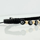 Pulsera Tejida Negra Ojos Turcos Negros Oro Amarillo 18K