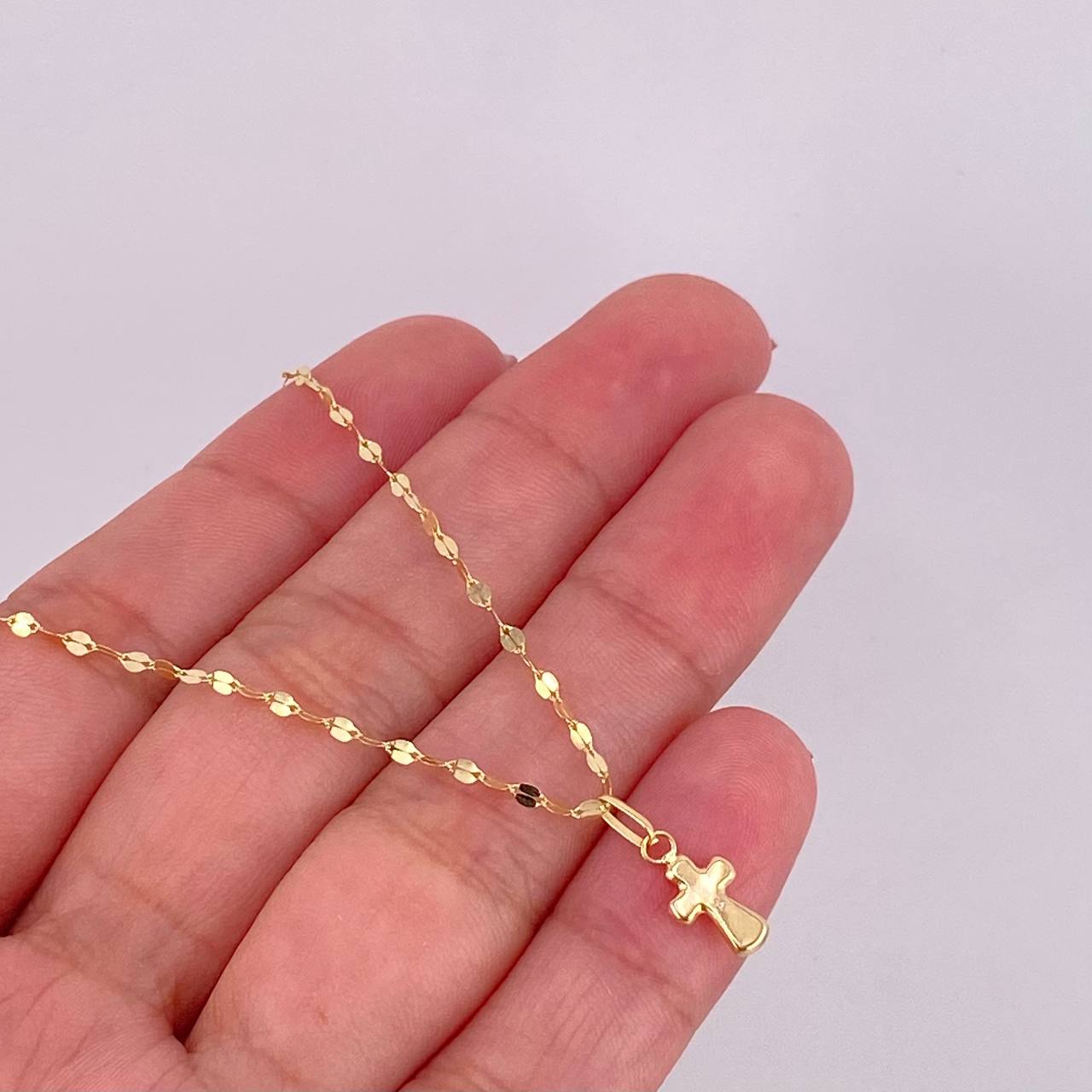 Set Cadena Flor Espejo + Dije Cruz / 1.25g / 18 in Oro Amarillo 18K