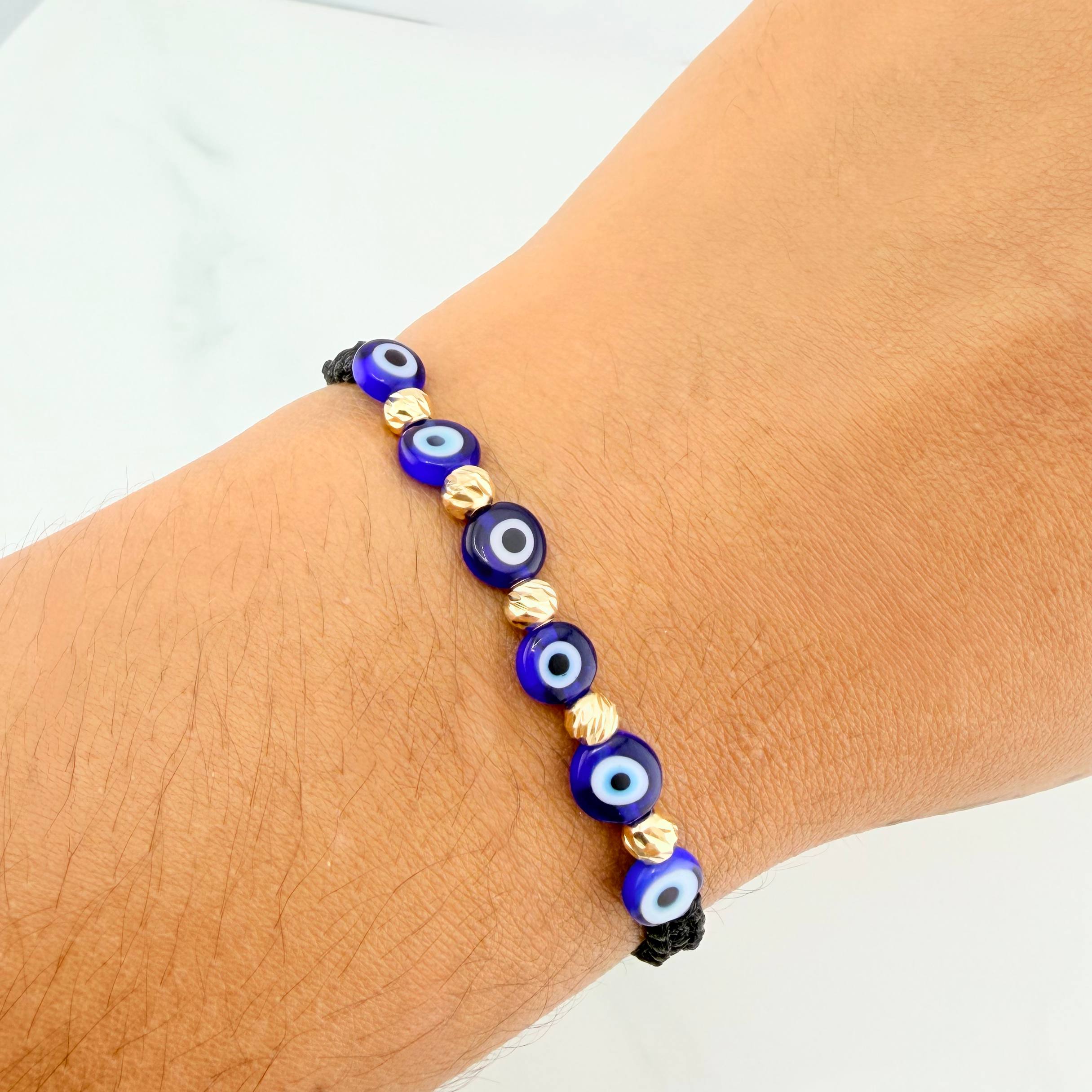Black Woven Bracelet with Blue Evil Eye Charms in 18K Yellow Gold