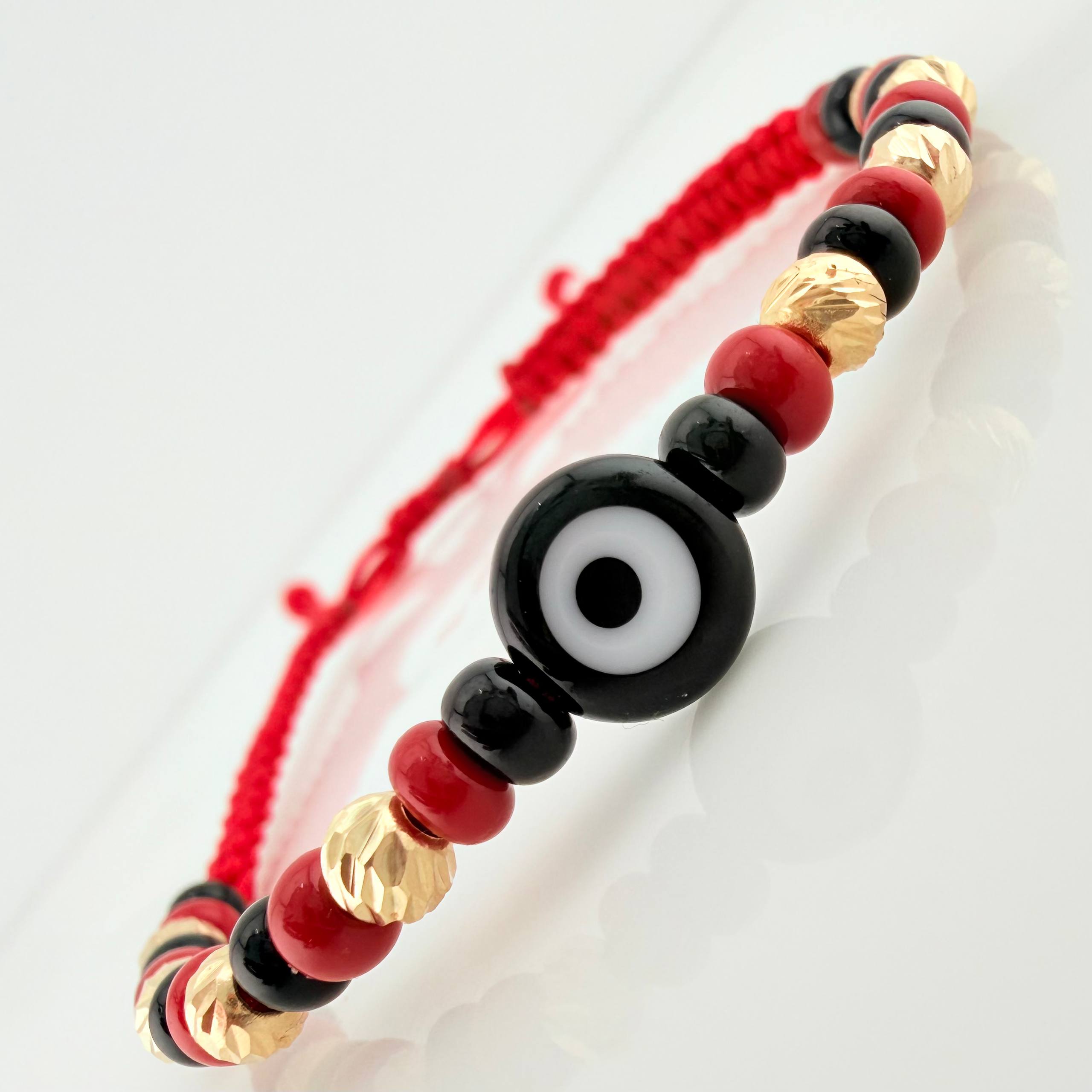 Pulsera Tejida Roja Ojo Turco Oro Amarillo 18K