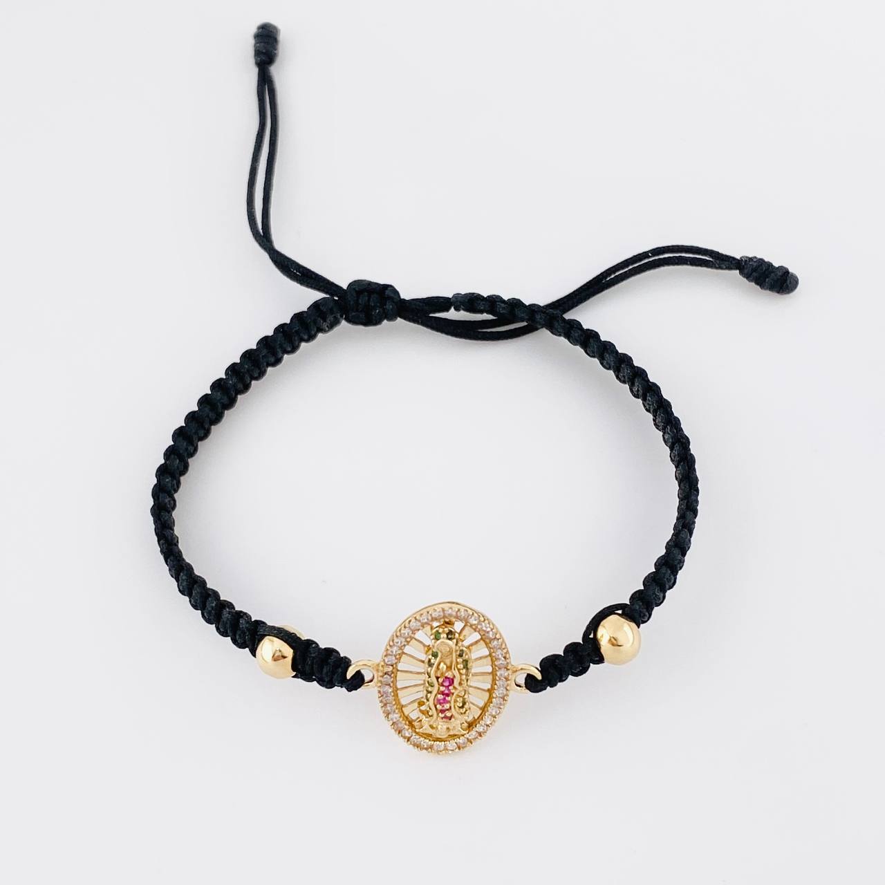 Black Woven Bracelet Virgin of Guadalupe Plain Beads Multi-color Zircons Yellow Gold 18K