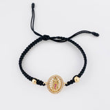 Black Woven Bracelet Virgin of Guadalupe Plain Beads Multi-color Zircons Yellow Gold 18K