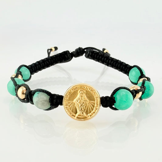 Pulsera Negra Herraje Virgen Milagrosa 1.45gr / 5mm-3mm Oro Amarillo 18K *