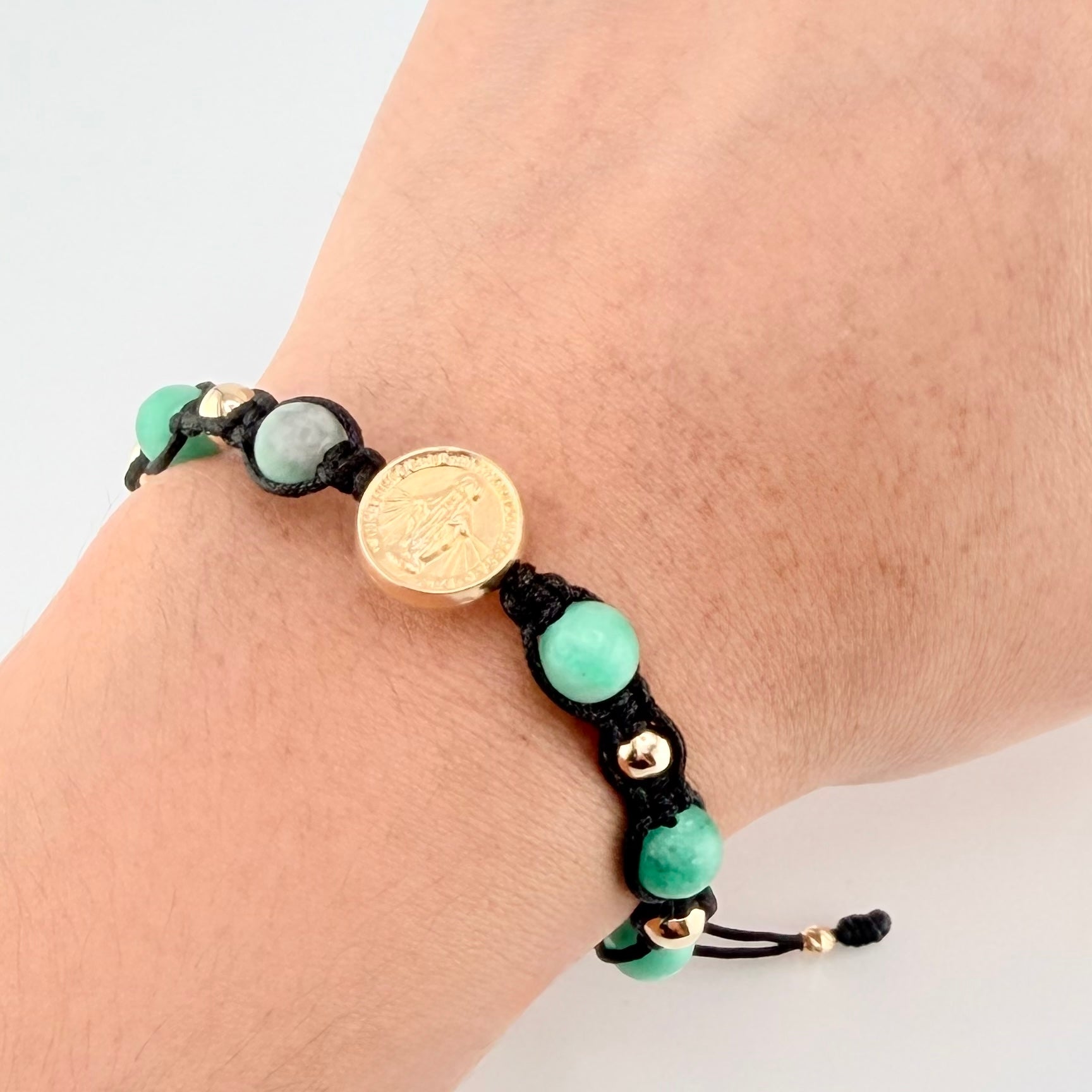 Pulsera Negra Herraje Virgen Milagrosa 1.45gr / 5mm-3mm Oro Amarillo 18K *