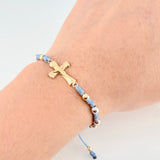 Pulsera Azul Herraje Cruz 1.88gr / 4mm-3mm Tres Oros 18K *