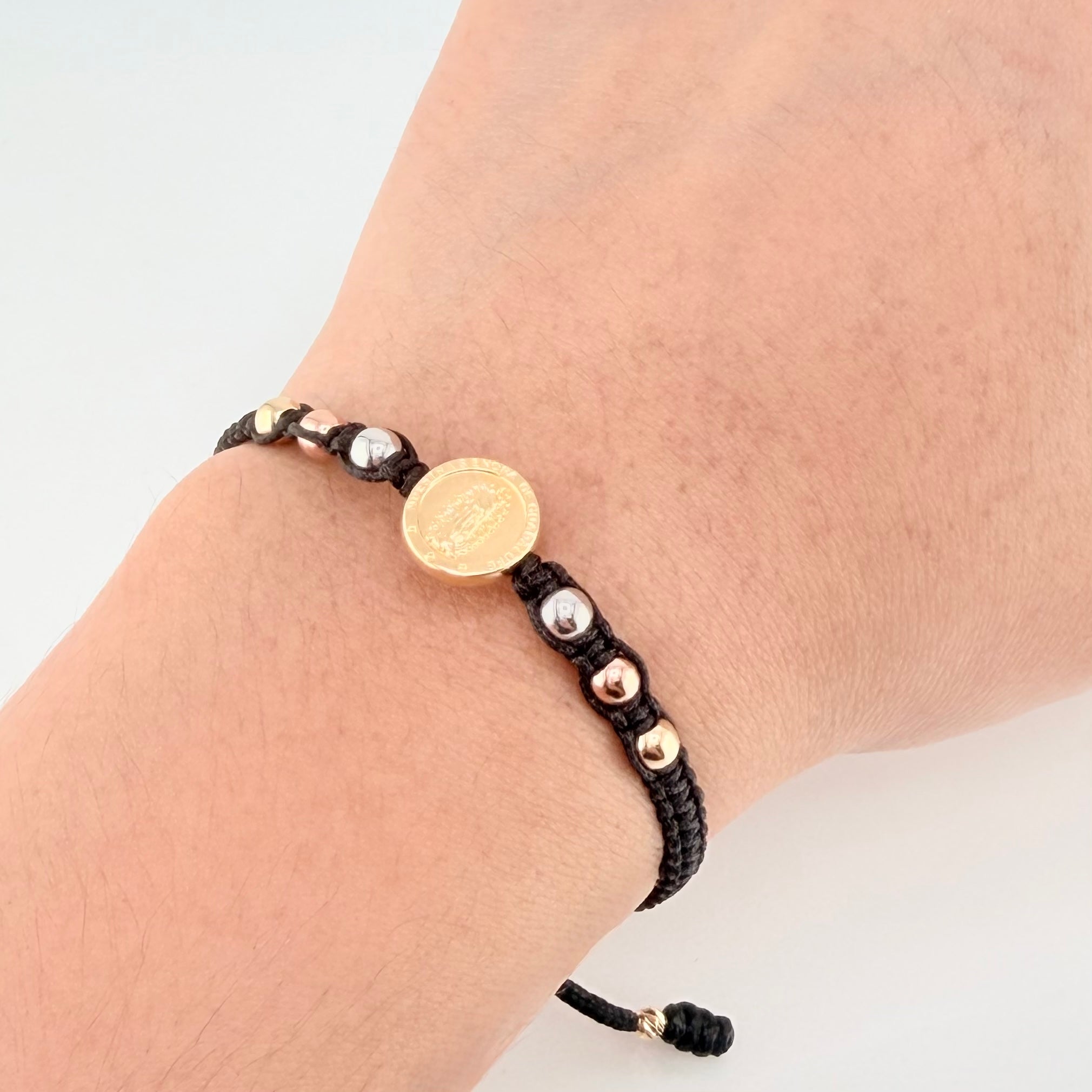 Black Bracelet Charm Virgin of Guadalupe 1.17gr / 4mm-3mm Three-tone Gold 18K *