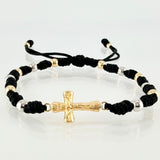 Pulsera Negra Herraje Cruz 1.62gr / 4mm-3mm Dos Oros Amarillo Blanco 18K *