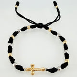 Pulsera Negra Herraje Cruz 1.62gr / 4mm-3mm Dos Oros Amarillo Blanco 18K *