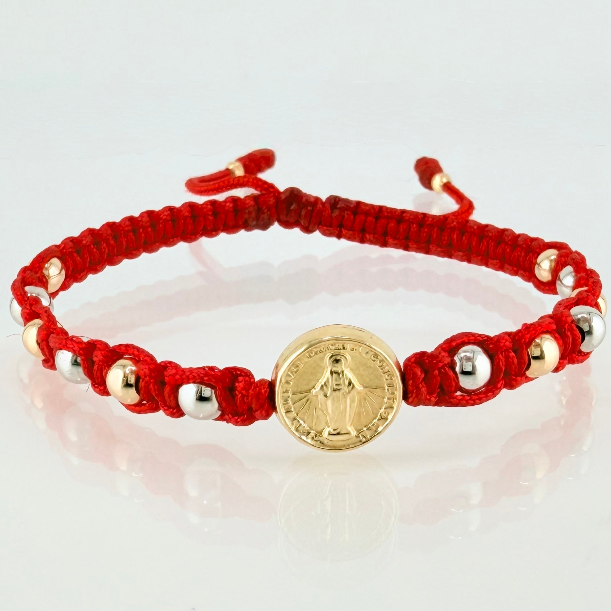 Pulsera Roja Herraje Virgen Milagrosa 1.67gr / 4mm-3mm Dos Oros Amarillo Blanco 18K *