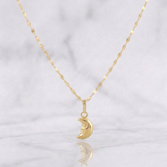 Set Cadena Flor Espejo + Dije Media Luna / 1.1g / 18 in Oro Amarillo 18K
