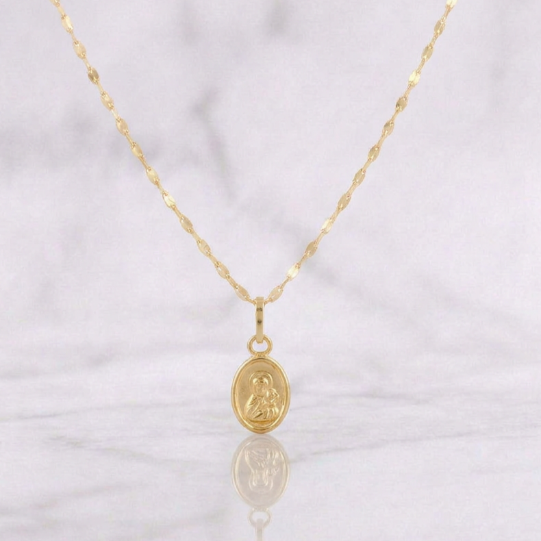 Mirror Flower Chain Set + Virgin of Carmen Pendant / 1.2g / 18 in Yellow Gold 18K