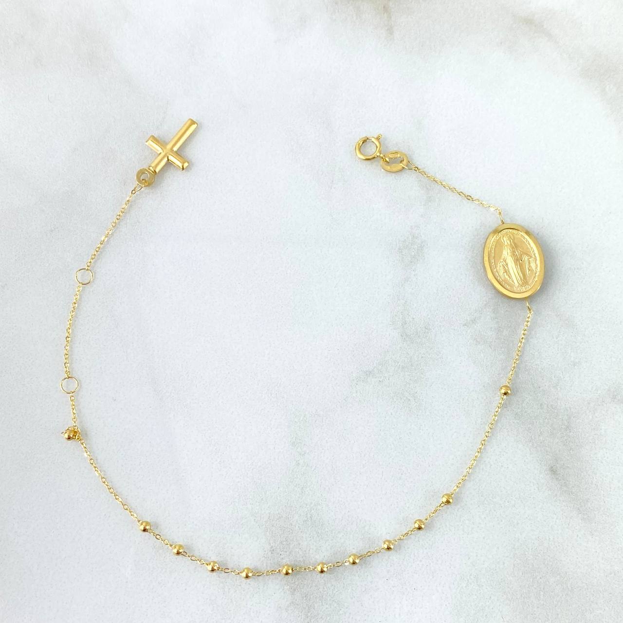 Bracelet Denario Virgen Milagrosa Matte 2.2gr / 20cm / 2mm Beads Polished - Cross Polished Yellow Gold +4