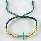 Pulsera Verde Herraje Cruz 2.3gr / 5mm Bolas Lisas 10und Esmeralda 33pts Oro Amarillo 18K (Joya)