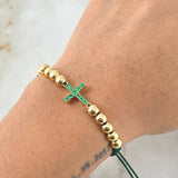 Pulsera Verde Herraje Cruz 2.3gr / 5mm Bolas Lisas 10und Esmeralda 33pts Oro Amarillo 18K (Joya)